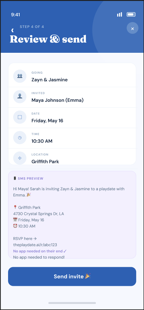SMS consent screen - playdate invitation disclosure